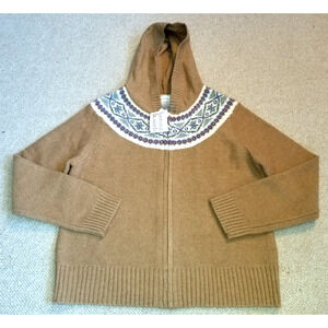 NWT Womens Sweater-HASTING & SMITH-brown Fair Isle wool hooded zip cardigan-PXL